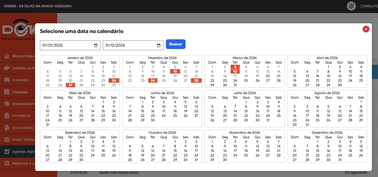 Tela real do DOMM com o calendário anual e as datas de manutenção destacadas