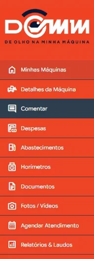 Menu do DOMM com máquinas, despesas, abastecimentos, horímetros, documentos e atendimento